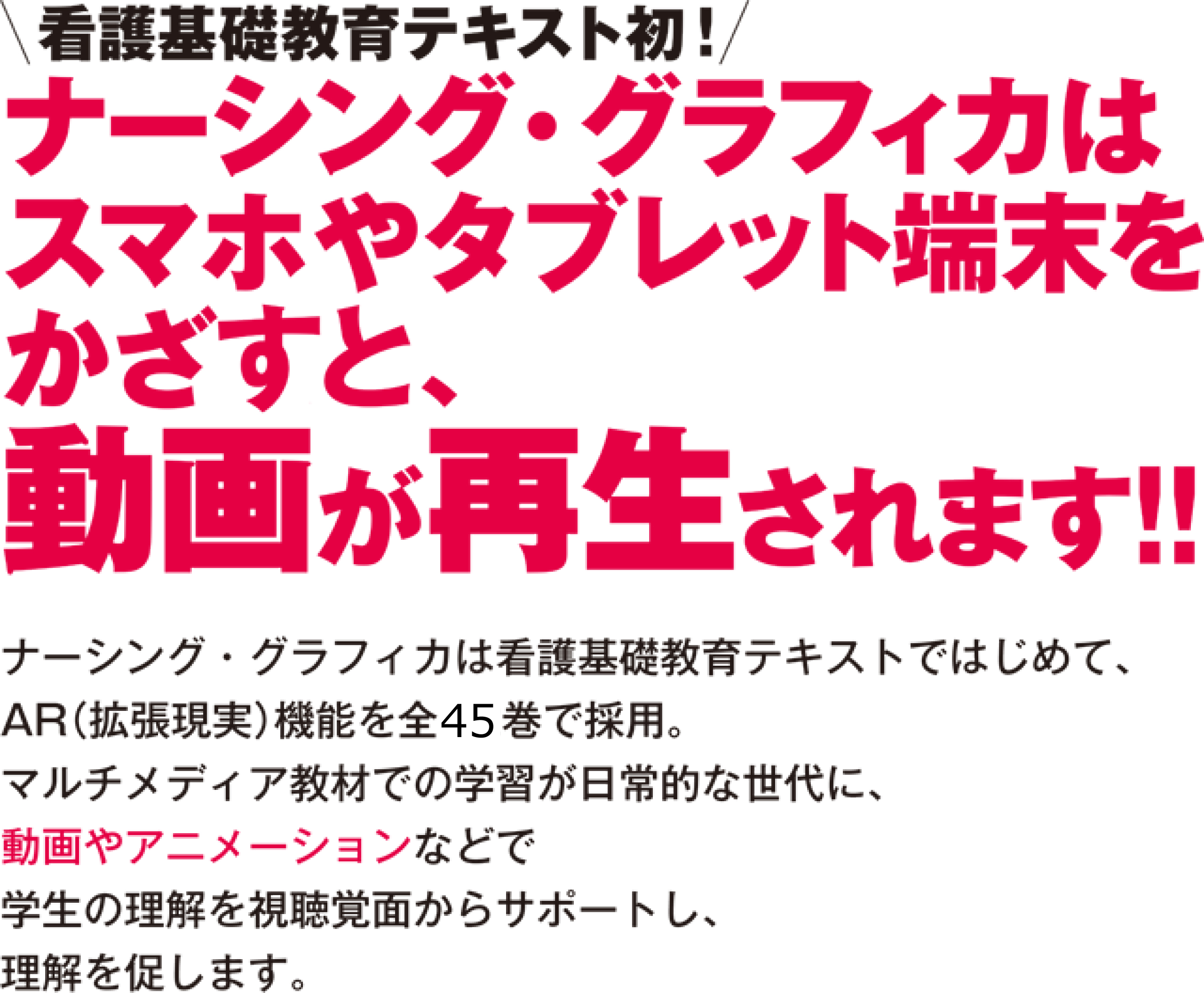 看護基礎教育テキスト初！ナーシング・グラフィカはスマホやタブレット端末をかざせば、3DCGが飛び出し、動画が再生されます！！